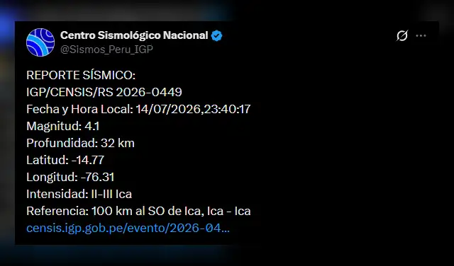 Nuevo reporte de sismo en Ica. Foto: IGP Nuevo reporte de sismo en Ica. Foto: IGP