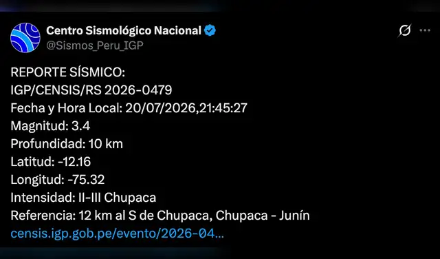 Sismo en Junín. Foto: IGP Sismo en Junín. Foto: IGP