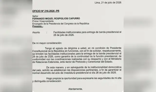Balcázar solicita a Fernando Rospigliosi entregar la banda presidencial el 28 de julio. Balcázar solicita a Fernando Rospigliosi entregar la banda presidencial el 28 de julio.