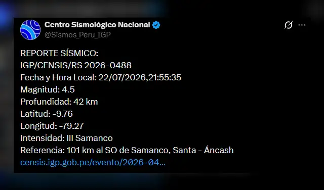 Temblor en Áncash. Foto: IGP