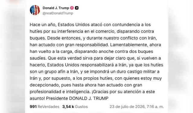 Escala el conflicto al mar Rojo: Trump amenaza a los hutíes con un Escala el conflicto al mar Rojo: Trump amenaza a los hutíes con un