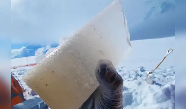 Muestra del primer núcleo de hielo extraído en el monte Hunter, Alaska, cuya longitud total alcanzó los 208 metros. Foto: Mike Waszkiewicz/National Geographic Muestra del primer núcleo de hielo extraído en el monte Hunter, Alaska, cuya longitud total alcanzó los 208 metros. Foto: Mike Waszkiewicz/National Geographic