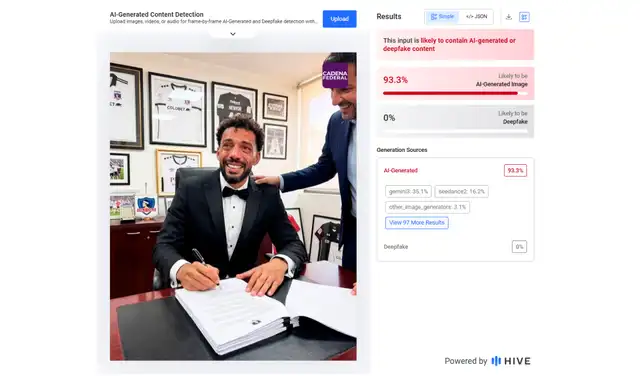 Análisis de la imagen viralizada con Hive Moderation. Foto: Hive Moderation