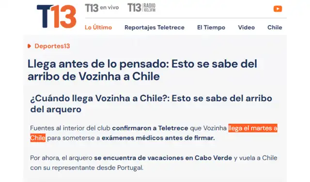 Nota de Teletrece sobre la llegada de Vozinha. Foto: Teletrece