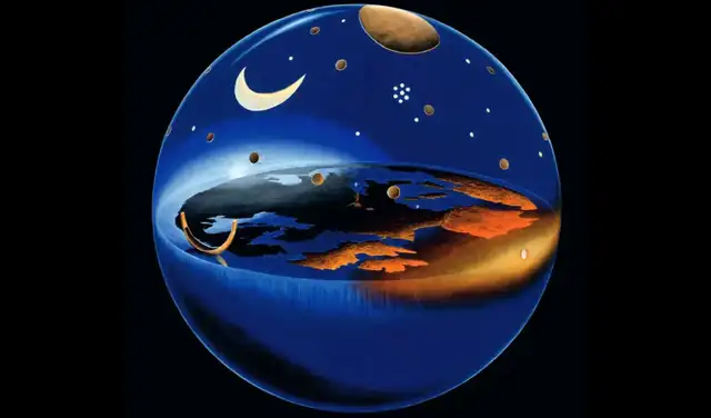 El cosmos del disco celeste, ilustrado por Karol Schauer, con la Luna creciente y la Luna llena o el Sol arriba, las Pléyades a su lado, los arcos dorados del horizonte, trazando el recorrido del Sol entre la primavera y el otoño, y la barca.
