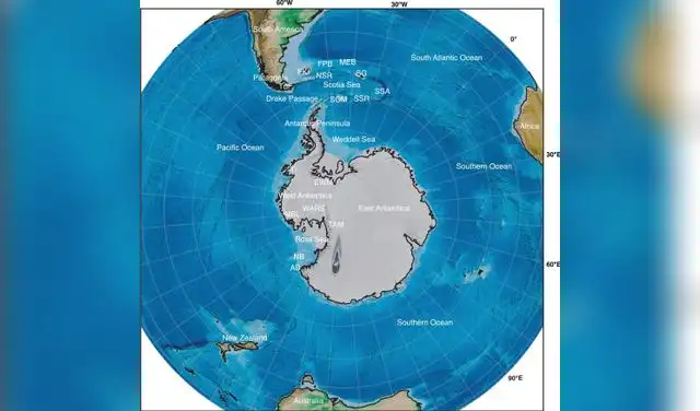 Mapa circumantártico con abreviaturas de cuencas, montañas, islas, dorsales y rifts principales de la región. Foto: ScienceDirect
