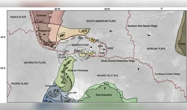 Mapa tectónico del Mar de Scotia: fallas, placas y bloques con movimientos actuales, límites activos y abreviaturas. Foto: ScienceDirect