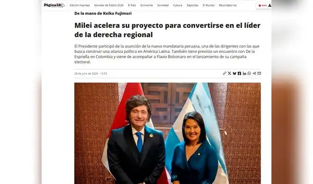 Así informó Página12 sobre el encuentro entre Milei y Fujimori tras la investidura en Perú. Foto: Página12