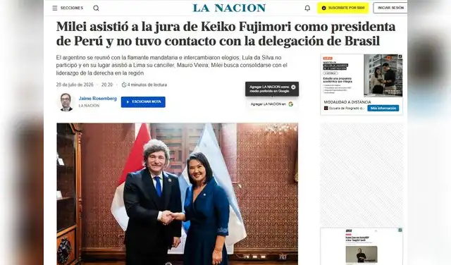 Así reaccionó LA NACIÓN sobre el encuentro entre Milei y Fujimori tras la investidura en Perú. Foto: LA NACIÓN