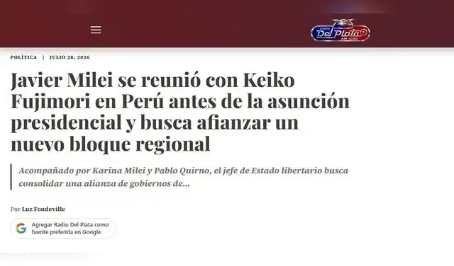 Así reaccionó Radio del Plata sobre el encuentro entre Milei y Fujimori tras la investidura en Perú. Foto: Radio del Plata