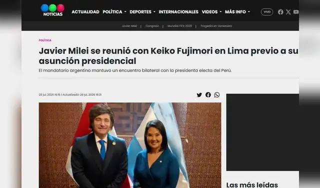 Así informó Telefe Noticias sobre el encuentro entre Milei y Fujimori tras la investidura en Perú. Foto: Telefe Noticias