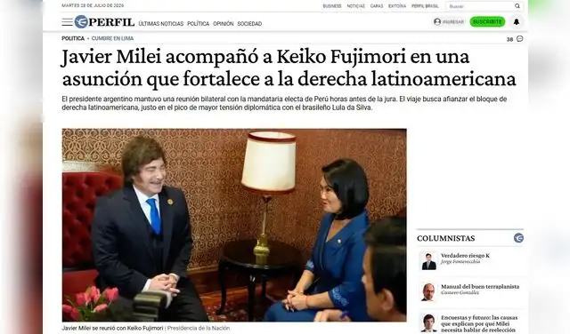 Así informó Perfil sobre el encuentro entre Milei y Fujimori tras la investidura en Perú. Foto: Perfil