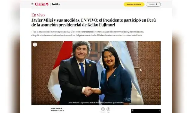 Así reaccionó Clarín sobre el encuentro entre Milei y Fujimori tras la investidura en Perú. Foto: Clarín