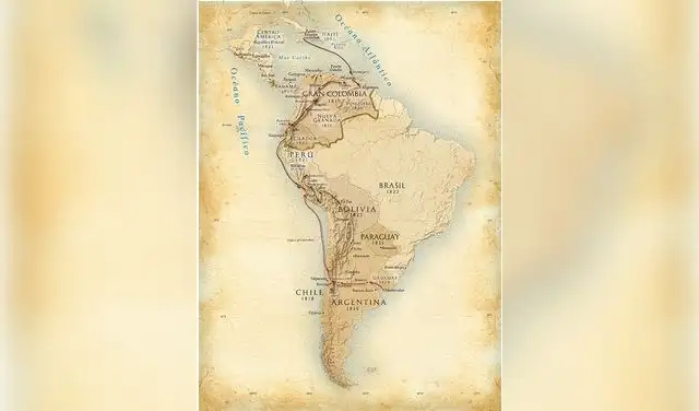 En este mapa de América latina se muestran los movimientos de Simón Bolívar por el continente (flechas granate) y los años en que cada uno de los países consiguió su independencia. Foto: National Geographic En este mapa de América latina se muestran los movimientos de Simón Bolívar por el continente (flechas granate) y los años en que cada uno de los países consiguió su independencia. Foto: National Geographic