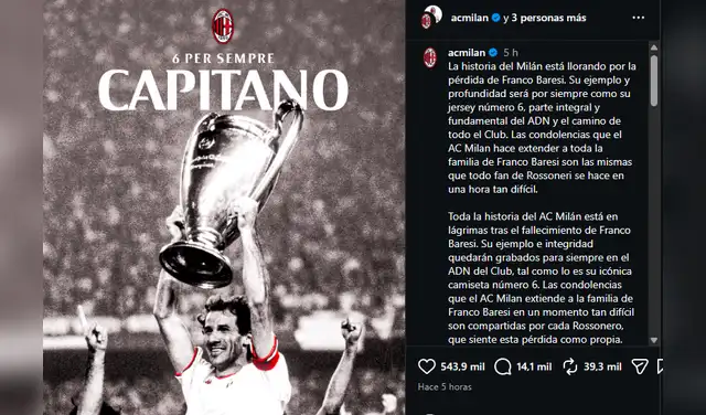 Comunicado del AC Milan. Captura: Instagram Comunicado del AC Milan. Captura: Instagram