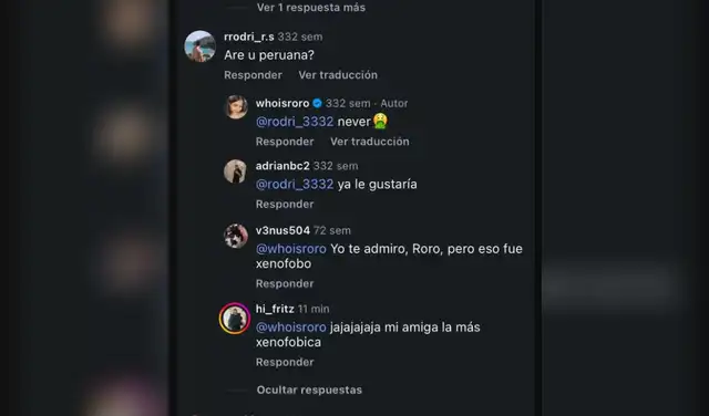 Respuesta de Roro que generó indignación entre los peruanos. Foto: Instagram.  