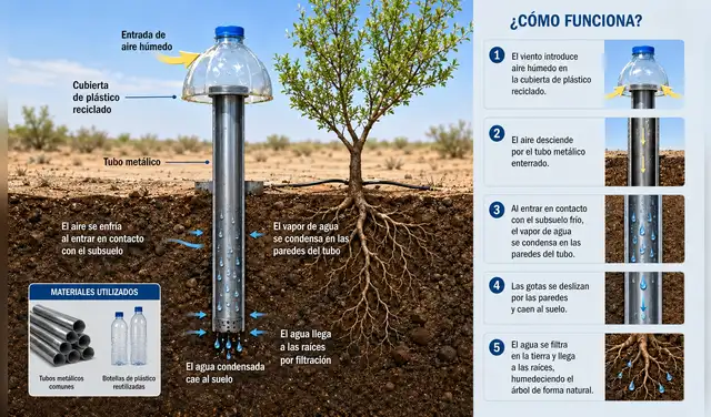 Un estudiante chino de 14 años, Jia Mingxuan, sorprende al mundo con un mecanismo que extrae agua del aire, ayudando a regar árboles en zonas desérticas. Foto: Ilustración LR/ChatGPT