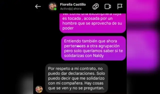 Fiorella Castillo y su fuerte mensaje tras denuncia de Naldy Saldaña contra director musical de La Bella Luz. Fiorella Castillo y su fuerte mensaje tras denuncia de Naldy Saldaña contra director musical de La Bella Luz.