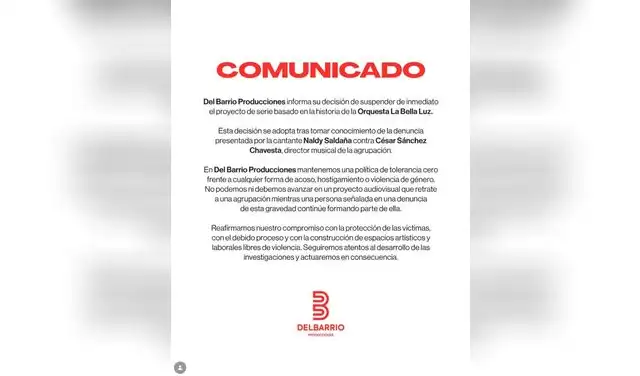 Del Barrio Producciones suspende la serie ‘La Bella Luz’ tras grave denuncia contra el director musical César Sánchez Chavesta: Del Barrio Producciones suspende la serie ‘La Bella Luz’ tras grave denuncia contra el director musical César Sánchez Chavesta: