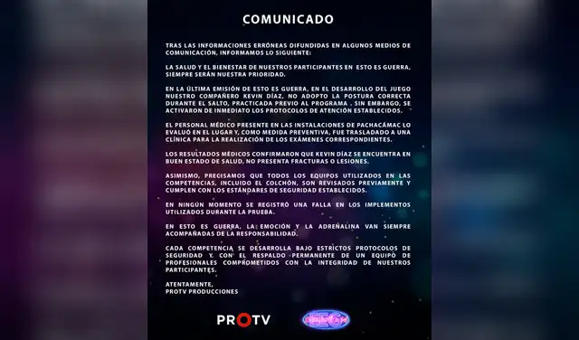 Comunicado de ProTV tras accidente de Kevin Díaz en Esto es Guerra. Foto: Instagram.  
