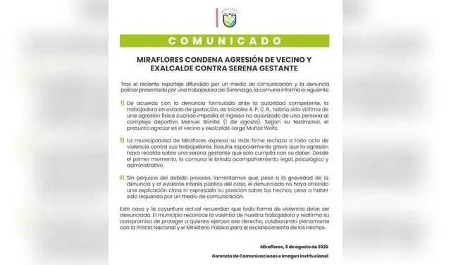 Comunicado de la Municipalidad de Miraflores tras la denuncia por presunta agresión. Comunicado de la Municipalidad de Miraflores tras la denuncia por presunta agresión.