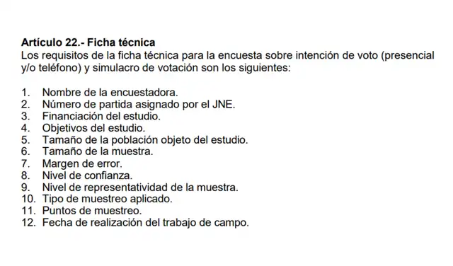 Información requerida por el JNE para validar una encuesta. Foto: Jurado Nacional de Elecciones Información requerida por el JNE para validar una encuesta. Foto: Jurado Nacional de Elecciones