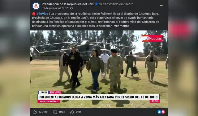 La página de Facebook de Presidencia inició su transmisión en vivo aproximadamente a las 9:55 de la mañana la llegada de la presidenta a Junín.