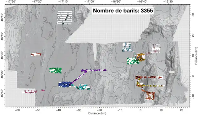 Mapa de barriles identificados y áreas cartografiadas por el vehículo submarino autónomo (AUV) UlyX. Foto: Flotte océanographique française
