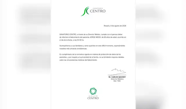Comunicado del Sanatorio Centro sobre la muerte de Jorge Messi. Foto: Sanatorio Centro Comunicado del Sanatorio Centro sobre la muerte de Jorge Messi. Foto: Sanatorio Centro