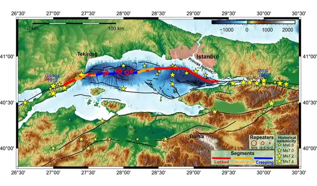 Representación gráfica del Mar de Mármara con la falla principal al sur y suroeste de Estambul. Foto: GFZ Representación gráfica del Mar de Mármara con la falla principal al sur y suroeste de Estambul. Foto: GFZ