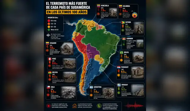Mapa histórico del terremoto más fuerte de cada país de Sudamérica en los últimos años. Foto: Ilustración LR/ChatGPT