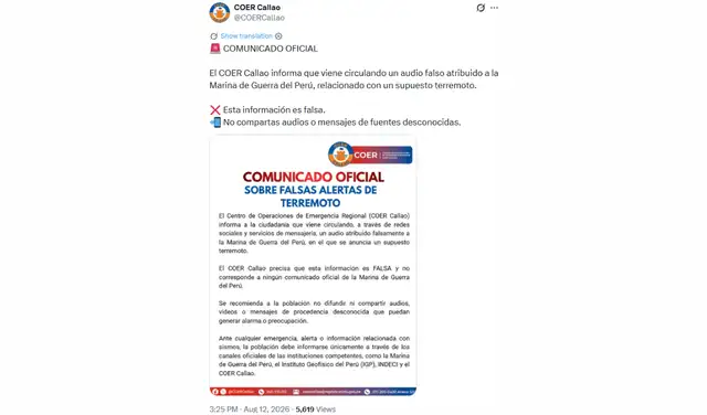 COER Callao a través de X. Fuente: COER Callao