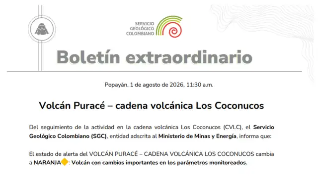 Boletín extraordinario del 1 de agosto. Foto: Servicio Geológico Colombiano Boletín extraordinario del 1 de agosto. Foto: Servicio Geológico Colombiano