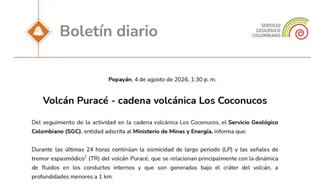 Boletín diario del 4 de agosto. Foto: Servicio Geológico Colombiano Boletín diario del 4 de agosto. Foto: Servicio Geológico Colombiano