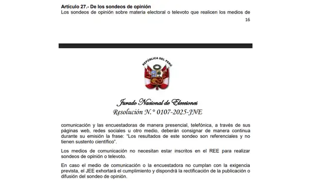 Artículo 27 del Reglamento sobre Encuestas Electorales durante los Procesos Electorales. Foto: JNE Artículo 27 del Reglamento sobre Encuestas Electorales durante los Procesos Electorales. Foto: JNE