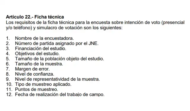 Información requerida por el JNE para validar una encuesta. Foto: Jurado Nacional de Elecciones Información requerida por el JNE para validar una encuesta. Foto: Jurado Nacional de Elecciones