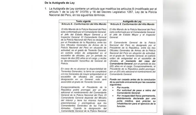 Modificaciones propuestas en la autógrafa de ley respecto a la conformación, periodo de gestión y las únicas causales de cese anticipado para el comandante general de la Policía Nacional del Perú (PNP). Modificaciones propuestas en la autógrafa de ley respecto a la conformación, periodo de gestión y las únicas causales de cese anticipado para el comandante general de la Policía Nacional del Perú (PNP).
