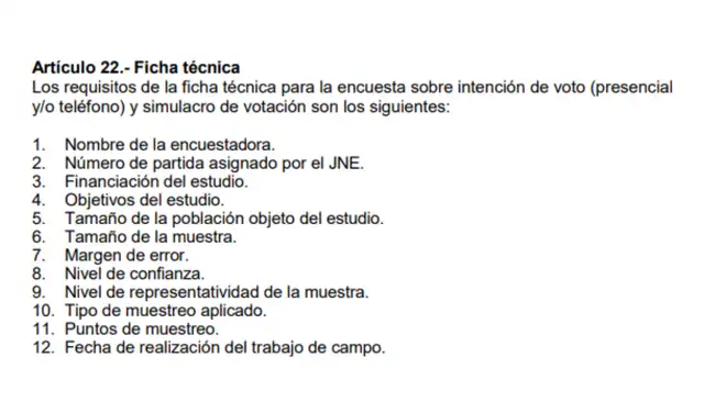 Información requerida por el JNE para validar una encuesta. Foto: Jurado Nacional de Elecciones Información requerida por el JNE para validar una encuesta. Foto: Jurado Nacional de Elecciones