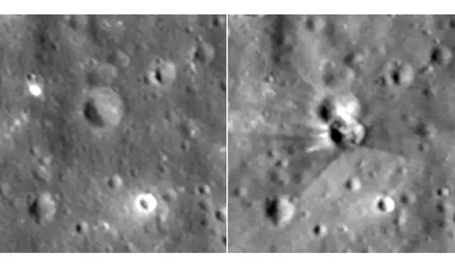 Las imágenes LRO de antes y después muestran la superficie lunar antes del impacto de la etapa superior del Falcon 9 y el nuevo cráter. Foto: NASA/GSFC/Intuitive Machines