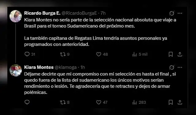Respuesta de Kiara Montes en redes sociales. Foto: Twitter  