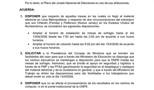 AMPLIACIÓN. Disposición del JNE adoptado en el Acuerdo del Pleno 12/4/2026.