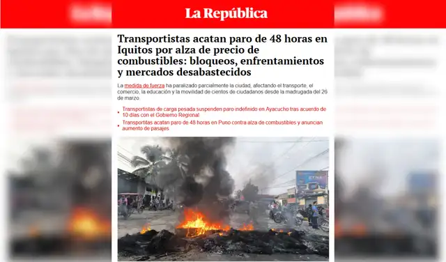 Nota de La República sobre el paro de transportistas en Iquitos del 26 de marzo. Foto: La República