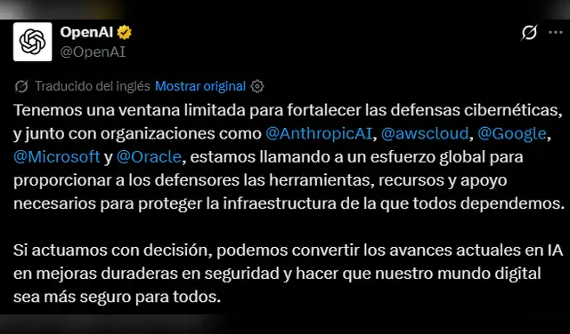 El comunicado fue publicado en las cuentas oficiales de Open AI, así como Anthopic , Google entre las otras empresas firmantes.