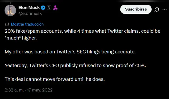 Musk tuiteó que, en 2022, 20% de las cuentas de X eran falsas o spam. 