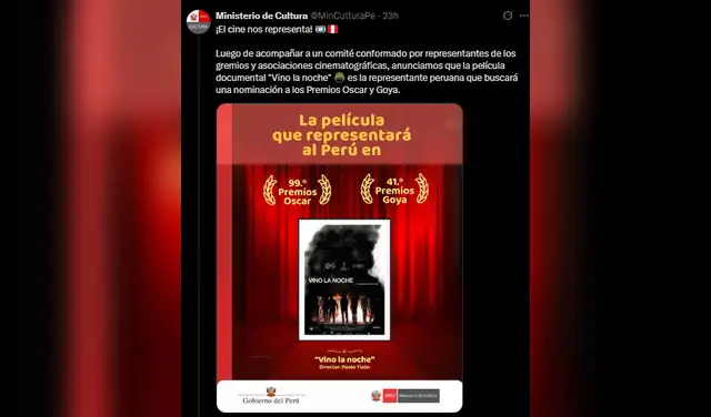 Ministerio de Cultura anunció la selección de la película 'Vino la noche'