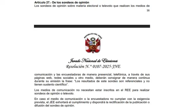 Artículo 27 del Reglamento sobre Encuestas Electorales durante los Procesos Electorales. Foto: JNE