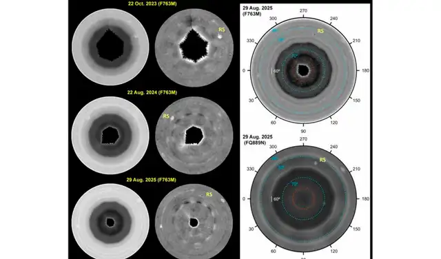 Observaciones del Hubble que muestran la aparición del decágono polar sur de Saturno entre 2023 y 2025. Foto: Sánchez-Lavega Observaciones del Hubble que muestran la aparición del decágono polar sur de Saturno entre 2023 y 2025. Foto: Sánchez-Lavega