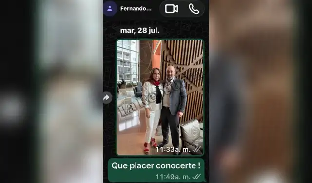 Encuentro. Giannotti compartió la foto que se tomó con Cerimedo el 28 de julio de este año en el hotel Marriott. Cerimedo se la envió a su expareja indicando falsamente que era un “contacto” con Keiko Fujimori. Foto: La República 