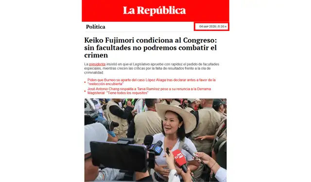 Nota del 04 de septiembre de La República. Foto: La República Nota del 04 de septiembre de La República. Foto: La República