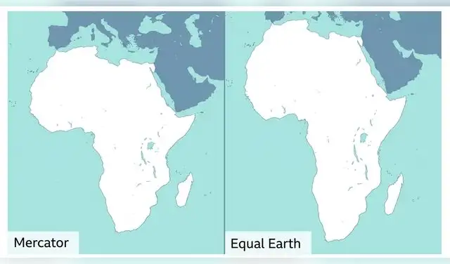 El problema de Mercator es proyectar la esfera terrestre en un plano, estirar las regiones cercanas a los polos y reducir las cercanas al ecuador. Eso hace que África parezca similar en tamaño a Groenlandia. Foto: Ilustración LR/BBC